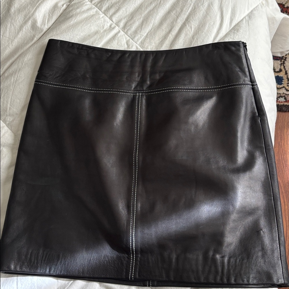 Women's Black Leather Mini Skirt with Contrast Stitching
